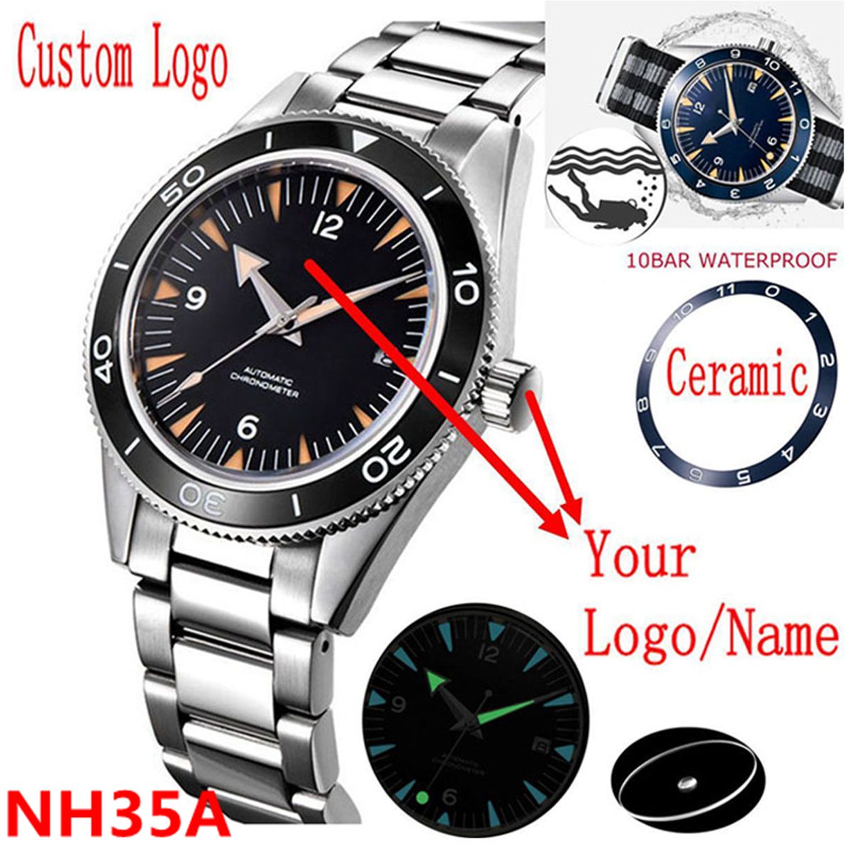 Mens Mechanical Watch - Aangepast logo NH35 uurwerk horloge 10bars